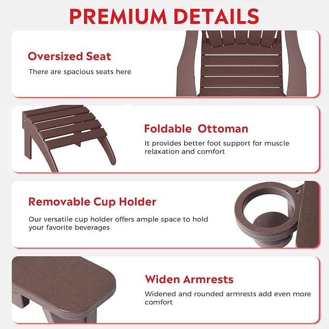 Costaelm Lakeview 4-Piece Outdoor Patio HDPE Adirondack Chairs with Ottomans and Cup Holder Set, Dark Brown