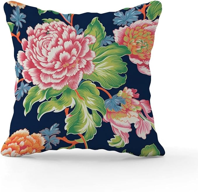 Pillowcase Floral Bright and Cheery Chinoiserie Pillow Covers Abstract Pink Coral Peony on Navy Pillow Cover Accent Square Couch Sofa Cushion Covers for Patio Furniture Tent Garden 16x16 in