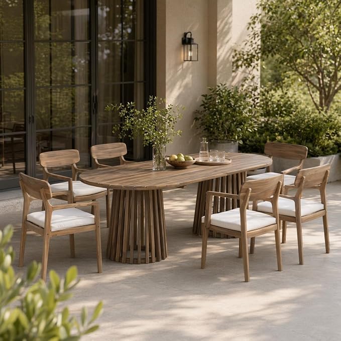 Christopher Knight Home Zoa Acacia Wood Dining Set for 6, Outdoor Dining Table with Dual Slatted Pedestal Bases, Outdoor Dining Chairs with Cushions, 7 Piece Patio Dinner Set, Beige/Light Teak/Brown