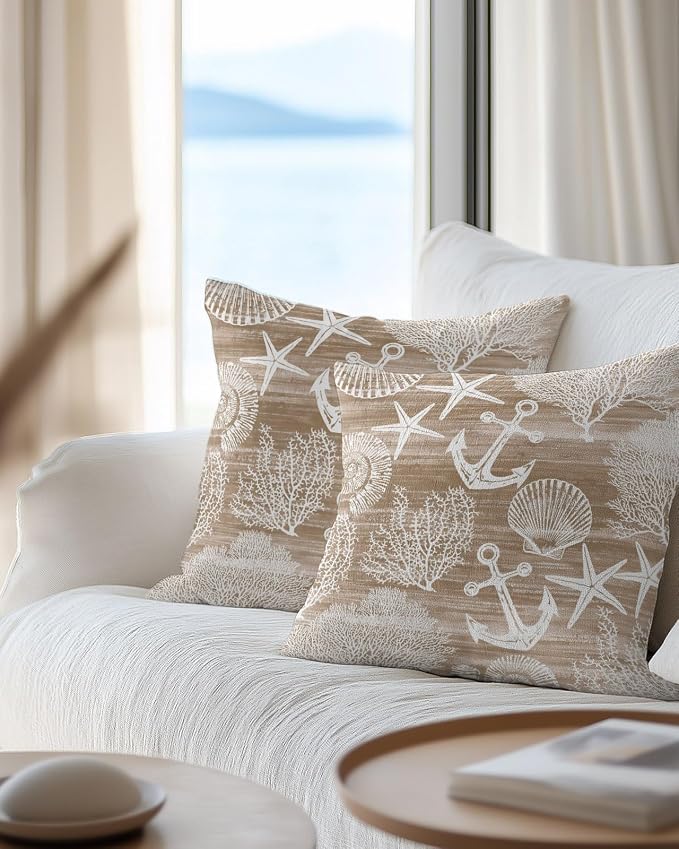 Outdoor Waterproof Throw Pillows 16x16in, Summer Anchor Starfish Coral Shell Patio Pillows Pack of 2,Decorative Pillow Covers with Insert,Pillow Cushion Case Nautical Ocean Creature