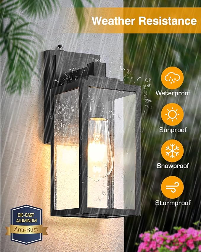 VIANIS Dusk to Dawn Outdoor Porch Lights Wall Mount, Modern Black Exterior Lighting Fixtures for House, Anti-Rust Aluminium Waterproof Outdoor Wall Sconce Lantern for Garage with Tempered Seeded Glass