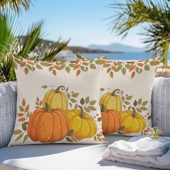 Orange Pumpkins Outdoor Waterproof Pillow Covers, Fall Yellow Leaves Vintage Beige Rustic Decorative Square Throw Pillowcase Sofa Cushion Sham for Patio/Couch/Chair, 26"x26" 2 Pack