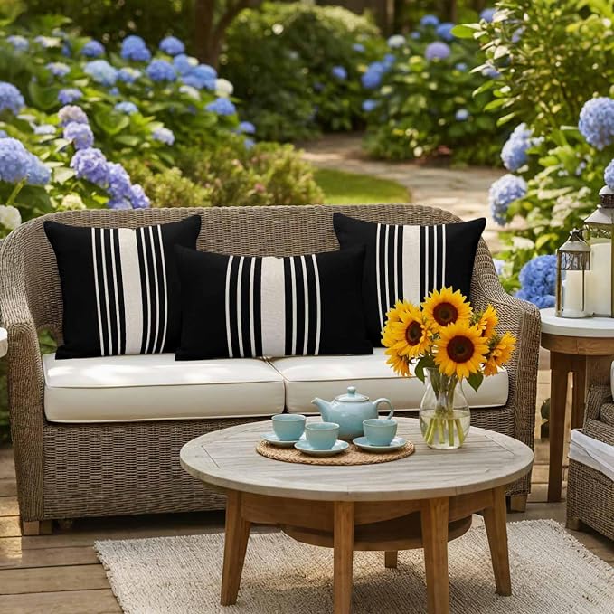 Black Beige Striped Outdoor Pillow Covers 20x12 Inch Lumbar Pillow Covers Set of 2 Waterproof Decorative Throw Pillow Cases Modern Farmhouse Retro Lines Cushion Covers for Patio Furniture Garden Couch