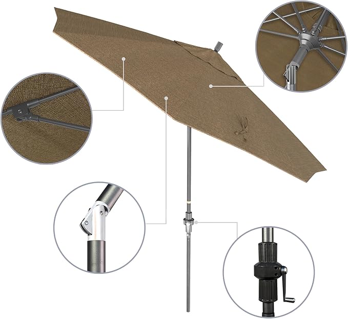 California Umbrella 9' Rd. Crank Lift, Collar Tilt, Aluminum Pole, Fiberglass Rib Patio Umbrella, Hammertone Grey Finish, Sunbrella Linen Sesame