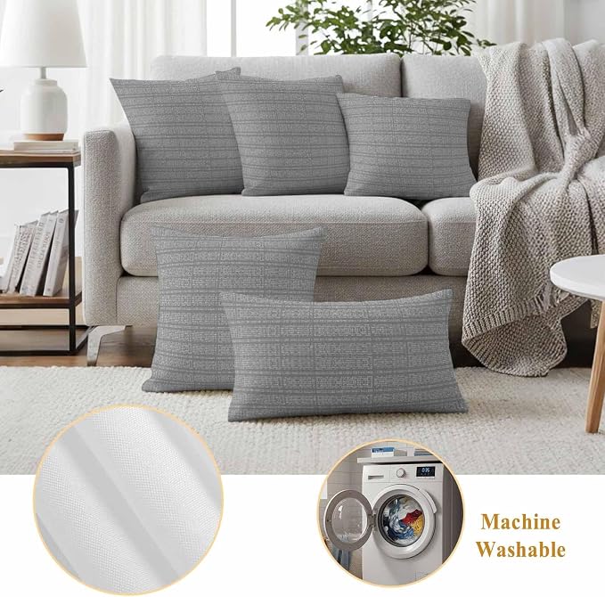 Outdoor Waterproof Throw Pillow Covers Set of 2 Stripes Grain Pillowcases 16x16 Inches Grey Solid Color Decorative Pillows Cushion Case Patio Pillows for Couch Bed Chair Garden