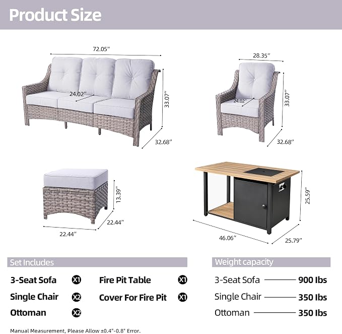 HOOOWOOO 6 Piece Patio Furniture Sets with Fire Pit Table,Outdoor Wicker Furniture Set,All Weather Resistant Outside High Back Rattan Conversation Set for Out Door(Light Grey Gray)