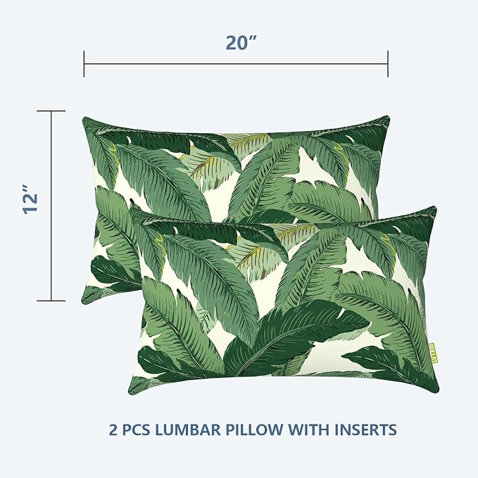 LVTXIII Set of 2 Patio Lumbar Pillows, 12”x20” Fade Resistant Outdoor Lumbar Pillow with Inners, Fluffy Decorative Garden Lumbar Cushions for Home Patio Coach Sofa Use, Swaying Palms Green