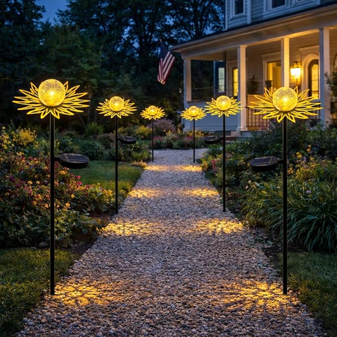 Solar Garden Lights Outdoor Decor, Metal Flower Stake Light with Warm White Crackle Glass Globe, Waterproof Decorative Solar Yard Art for Patio Lawn Backyard Pathway, Gardening Gift（Gold）