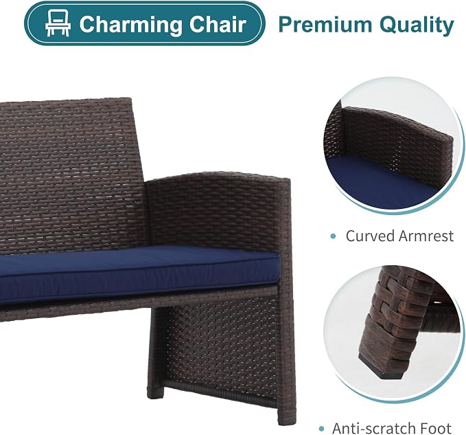 OC Orange-Casual Outdoor Loveseat 3 Piece Patio Furniture Set Outdoor Conversation Set All-Weather Wicker Love Seat with Ottoman/Side Table, Brown Rattan, Blue