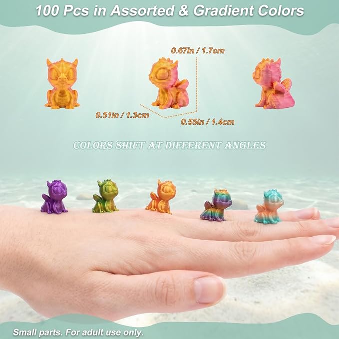 3D Printed Mini Flying Dragons 100 Pack, Color-Shifting Gradient Miniature Dragon Figurines to Hide, Tiny Animals Small Little Dragons for Fairy Garden, Micro Landscape & DIY Décor