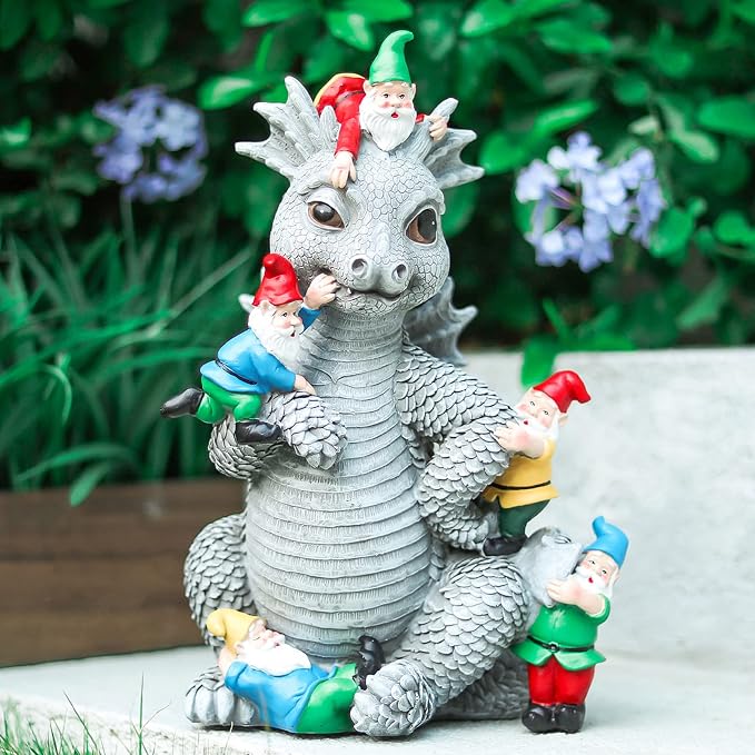 Dragon Garden Statue, Dinosaur Play with Gnomes Garden Statues, Garden Gift | 13'' Resin Porch Dinosaur Garden Dragon for Yard, Patio, Porch, Lawn, Outdoor Decor and Gifts for Mother Grandma or Father