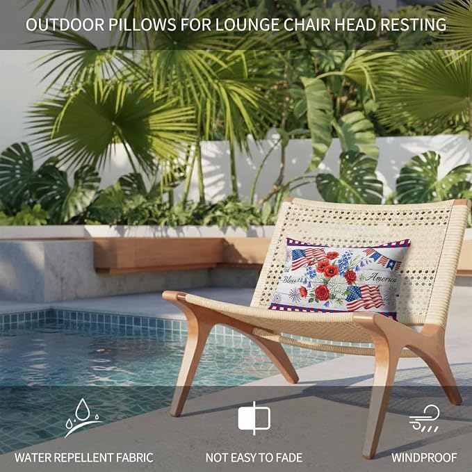 250th Anniversary Outdoor Pillows for Chaise Lounge Chair Waterproof Lumbar Pillows with Insert&Adjustable Elastic Strap Beach Headrest Pillow Independence Day Floral Wooden Neck Pillow 12"x20"