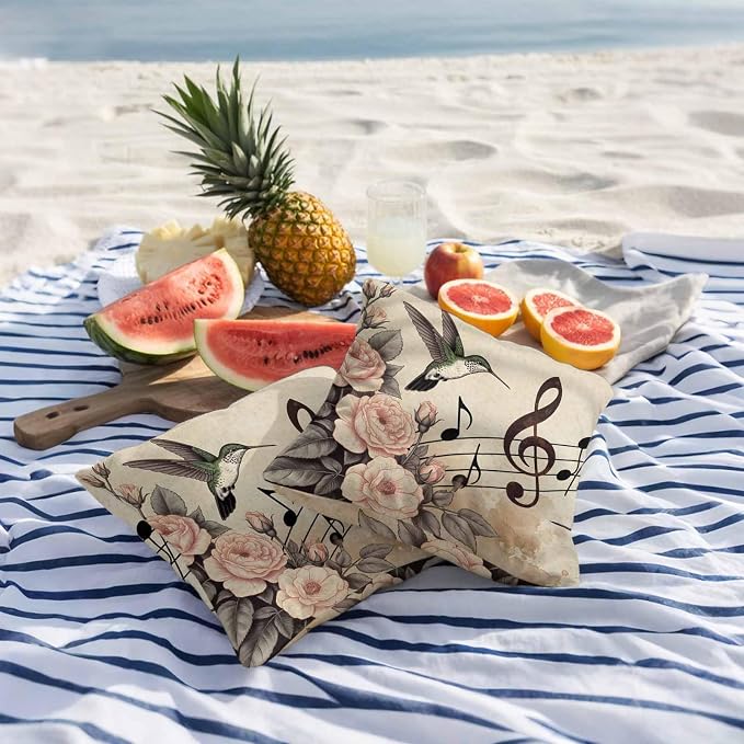 Outdoor Waterproof Throw Pillow Covers Set of 2 Honeybirds Pillowcases 24x24 Inches Roses Retro Music Decorative Pillows Cushion Case Patio Pillows for Couch Bed Chair Garden