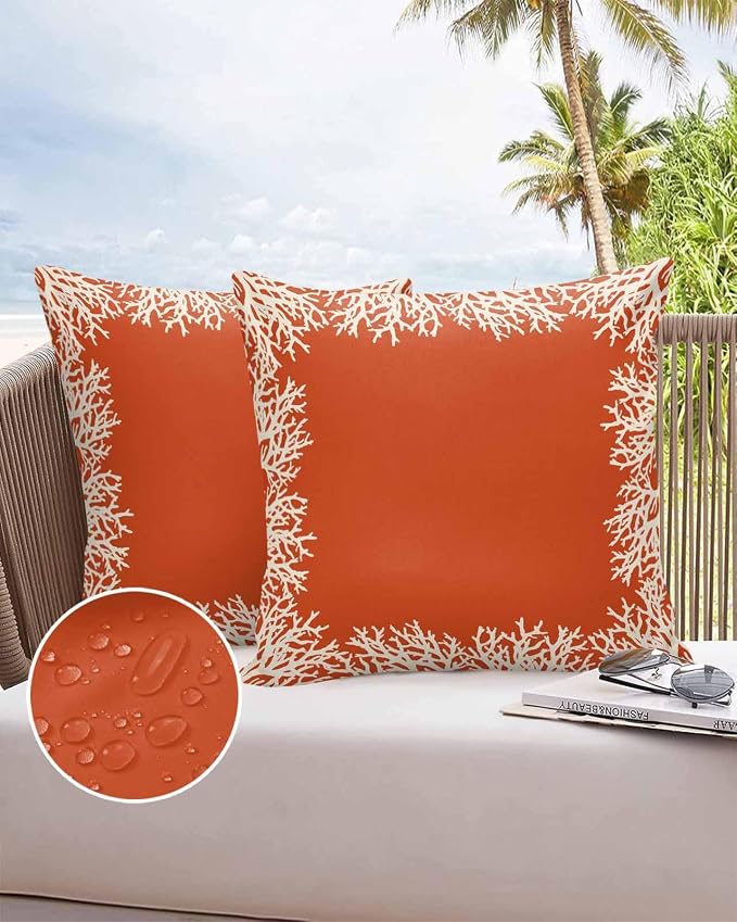 Vandarllin Outdoor Throw Pillows Covers 20x20 inch Set of 2 Waterproof Orange Coral Decorative Zippered Cushion Covers for Patio Furniture, Coastal Marine Life Lumbar Pillowcases