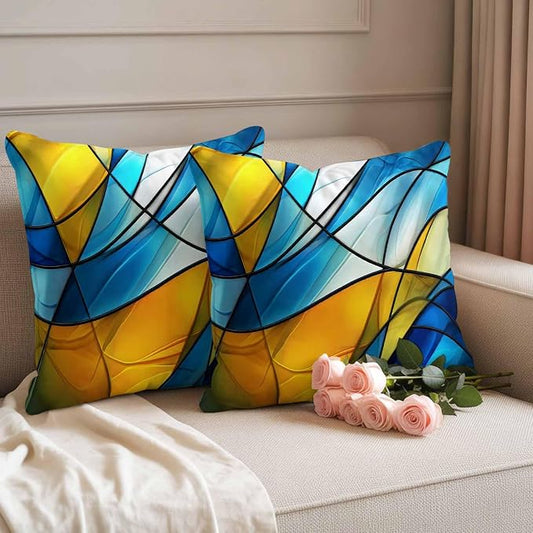 Abstract Art Outdoor Waterproof Pillow Covers Set of 2, Blue Yellow Gradient Wavy Lines Geometric Modern Pillowcase Decorative Throw Cushion Cases for Patio Garden Couch 16 x 16 Inches