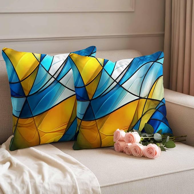 Abstract Art Outdoor Waterproof Pillow Covers Set of 2, Blue Yellow Gradient Wavy Lines Geometric Modern Pillowcase Decorative Throw Cushion Cases for Patio Garden Couch 26 x 26 Inches