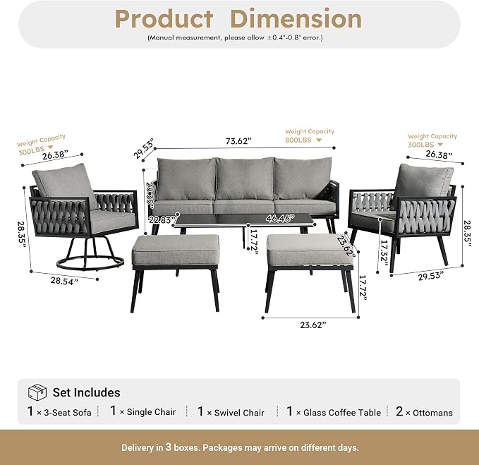 Weaxty Modern Patio Furniture Set 6 Piece, Rope Outdoor Patio Conversation Sets Sectional Sofa Swivel Chairs Table Ottoman, All Weather Metal Balcony Furniture for Backyard Garden, Light Grey