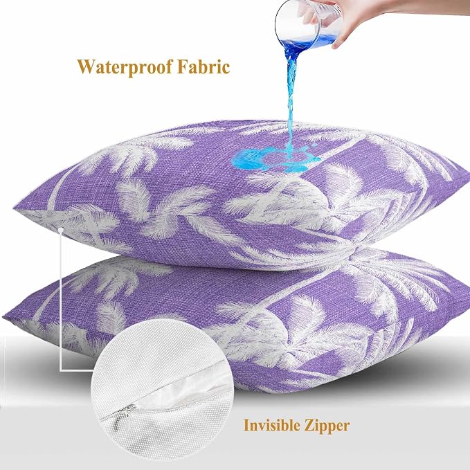 Outdoor Pillow Covers 18x18 Inch Set of 2, Purple Palm Trees Waterproof Throw Pillow Covers, Farmhouse Tropical Summer Beach Decorative Cushion Pillowcases for Couch, Sofa, Bed, Garden, Patio