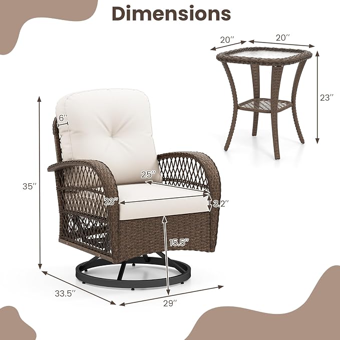 ORALNER 3 Pieces Wicker 360° Swivel Rocker Set Patio Furniture, Rocking Chairs with Cushions, Tempered Glass Coffee Table, Outdoor Rattan Bistro Set for Balcony Front Porch Deck Poolside (White)