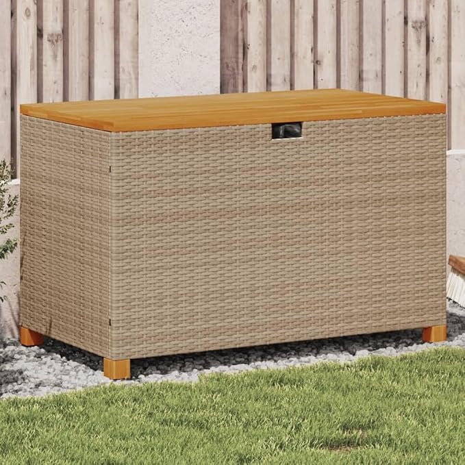 Patio Storage Box Beige 43.3"x21.7"x24.8" Poly Rattan Acacia Wood,Garden Storage Box with Bench Durable PE Rattan and Acacia Wood for Outdoor Patio Patio Storage Boxes