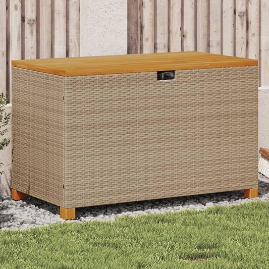 Patio Storage Box Beige 43.3"x21.7"x24.8" Poly Rattan Acacia Wood,Garden Storage Box with Bench Durable PE Rattan and Acacia Wood for Outdoor Patio Patio Storage Boxes