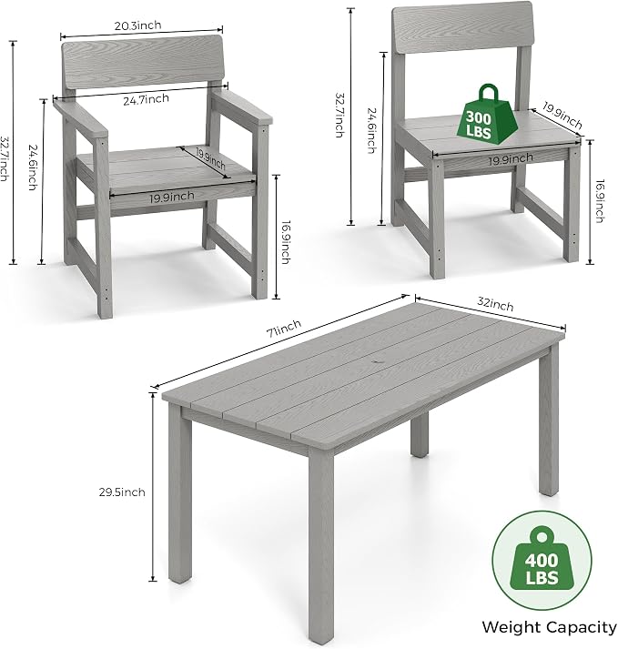 Jocoevol Patio Dining Chair Set of 2 Outdoor HIPS Patio Chair All Weather with Wide Seat and Curved Backrest, Armchairs for Outside Backyard/Garden/Pool/Porch/Deck 300lbs Capacity, Grey