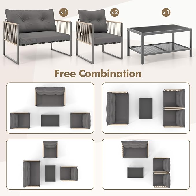 Tangkula 8 Pieces Patio Furniture Set, Outdoor PE Rattan Conversation Sofa Set with Thick Cushions and 2-Tier Tempered Glass Coffee Table for Garden, Porch, Balcony and Backyard