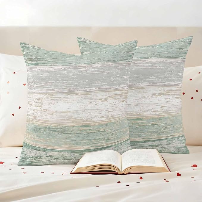 Outdoor Waterproof Throw Pillow Covers, Vintage Sage Green Grey Decorative Pillow Cases, Farmhouse Barn Wooden Striped Couch Pillow Protector Patio Sofa Cushion Covers Replacement 24"x24" 2 Pack