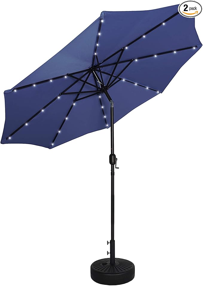 WO Home Furniture 9 Ft Patio Solar Power LED Lights Market Umbrella with Black Color Round Free Standing Weight Base kit Navy Blue