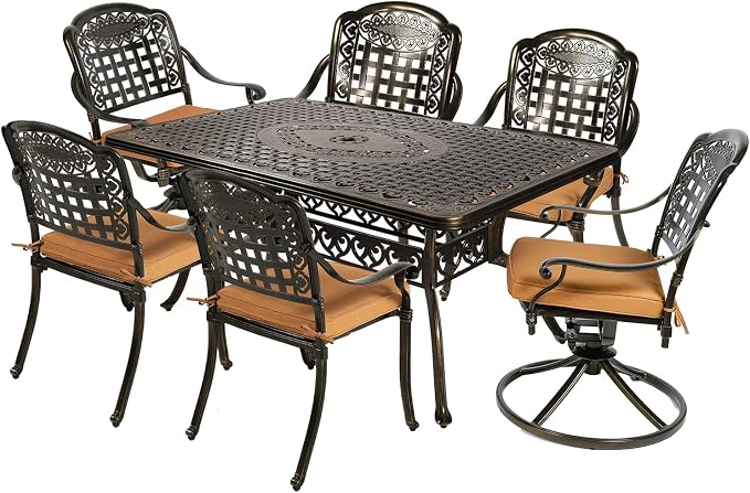 MEETWARM 7-Piece Outdoor Patio Dining Set, All-Weather Cast Aluminum Patio Conversation Set with 4 Stationary, 2 Swivel Rocker Chairs, 1 Rectangular Table, 6 Cushions, 2" Umbrella Hole