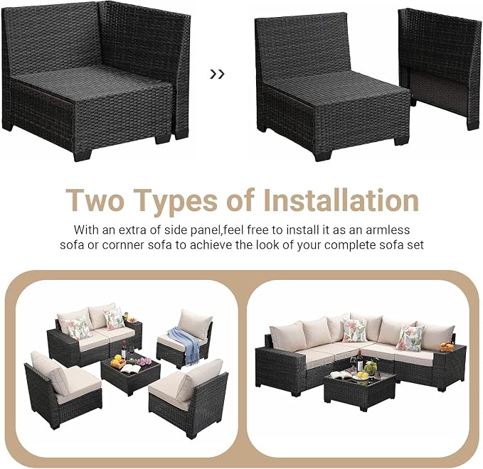 Patio Furniture Set, 10 Pieces Outdoor Couch Sofa with Wider Armrests & Glass Coffee Table, Outdoor Sectional Furniture with Thick Cushions for Party, Poolside,Garden-Beige
