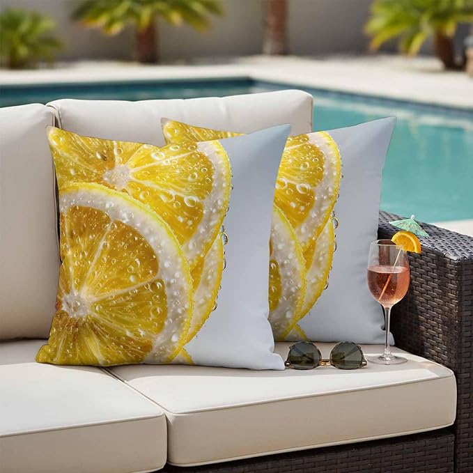 Yukro Lemon Slices Outdoor Waterproof Pillow Covers Pack of 2, Water Droplets Summer Yellow Fruit Throw Pillowcases Decorative Cushion Covers for Garden Patio Tent Sofa Couch, 26x26 inch