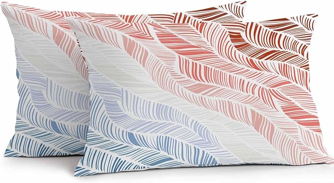 Vandarllin Outdoor Throw Pillows Covers 20x12 inch Set of 2 Waterproof Summer Beach Decorative Zippered Cushion Covers for Patio Furniture, Ombre Red Abstract Leaf Lines Lumbar Pillowcases