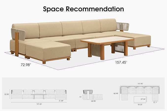 PURPLE LEAF Patio Furniture Set Modular U-Shaped Outdoor Sectional Sofa with 11" Thick Olefin Cushion 8-Piece Outdoor Conversation Set with Ottomans and Table for Backyard Garden Poolside, Beige