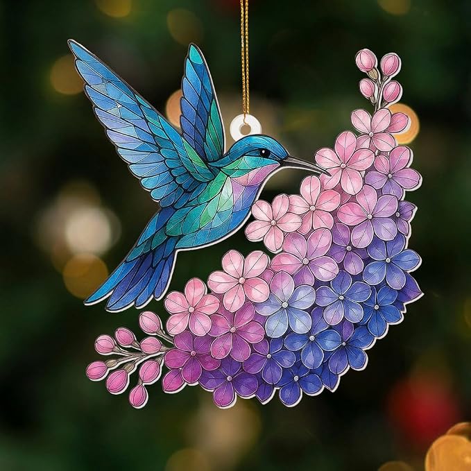 Hummingbird Stained Glass Ornament, Acrylic Window Hanging Suncatcher Decor, Bird Ornament for Car Rearview Mirror, Christmas Tree Decoration, Bookish Gifts for Bird Lovers, Home&Garden Decor(Sun-12)