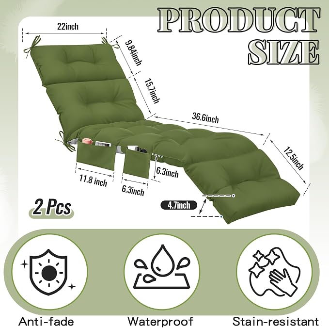 Kigley 2 Pcs Outdoor Chaise Lounge Cushions with 3 Side Pocket 74.5 x 22 x 4.7 Inch Patio Chaise Lounge Cushion, Water-Repellent and Fade-Resistant Tufted Summer Replacement(Moss Green, Solid Color)