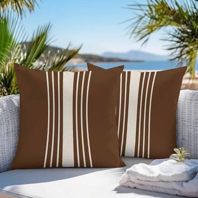 Outdoor Waterproof Pillows Cover Pack of 2 Modern Brown Striped Burlap Texture Decorative Pillowcases with Zipper Cushion Case for Patio Tent Couch Garden 26 x 26 Inches