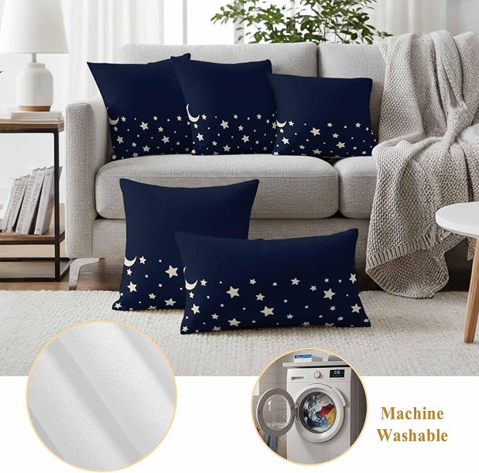 Stars Moon Waterproof Outdoor Pillow Covers Set of 2 Home Decor, Starry Night Navy Blue Lumbar Pillowcase Patio Pillow Covers for Couch Bench Patio Furniture Garden 20x12in