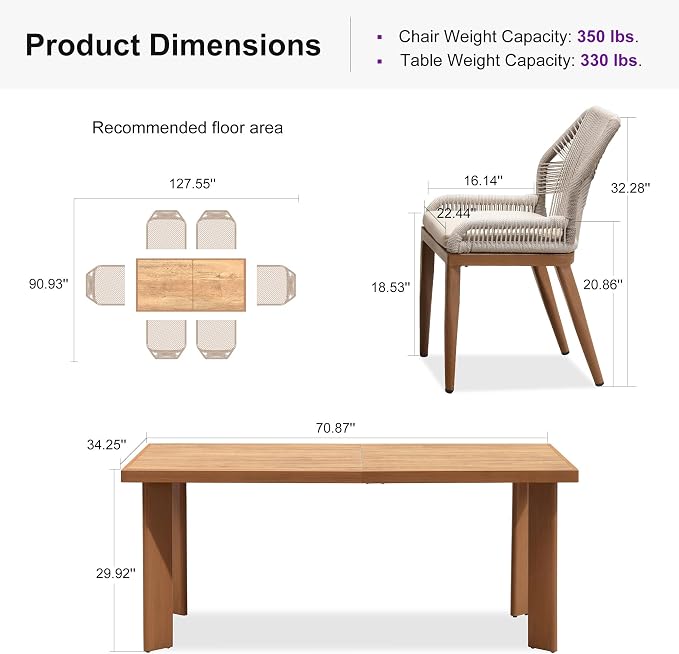 PURPLE LEAF 7 Pieces Dining Set Patio Metal Rectangular Table and Wicker Rattan Chairs for Outside Porch Garden Kitchen Modern Outdoor Furniture Sets