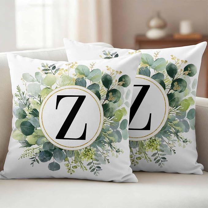 Letter Z Waterproof Outdoor Pillow Covers Set of 2 Home Decor, Alphabet Green Eucalyptus Leaves Pillowcase Patio Pillow Covers for Couch Bench Patio Furniture Garden 18x18in