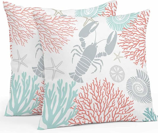 Teal Red Coastal Waterproof Outdoor Pillow Covers Set of 2 Home Decor Summer Lobster Coral Nautical Pillowcase Patio Pillow Covers for Couch Bench Patio Furniture Garden 18x18in