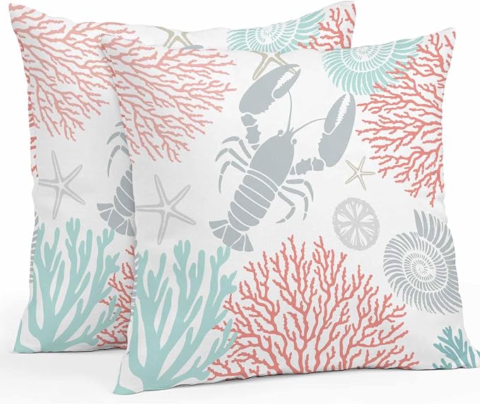 Teal Red Coastal Waterproof Outdoor Pillow Covers Set of 2 Home Decor Summer Lobster Coral Nautical Pillowcase Patio Pillow Covers for Couch Bench Patio Furniture Garden 26x26in