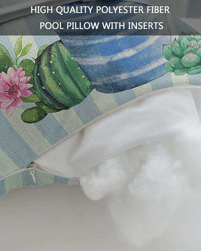 Outdoor Pillows Covers with Inserts SUMMER Cactus Succulents Green Plants Teal Stripes Waterproof Pillow with Adjustable Strap Throw Pillows for Patio Furniture Recliner Lounge Chair, 11x16 inch, 1PCS