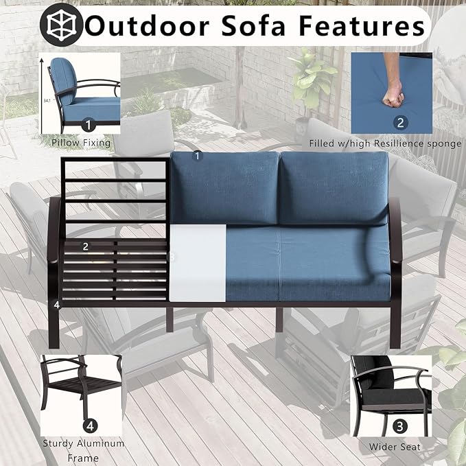 Patio Furniture Set 5-Piece Aluminum Armrest Sofa, Modern Outdoor Living Room Set with 55000 BTU Propane Aluminum Fireplace, Outdoor Rotary Joystick with Thick Cushion