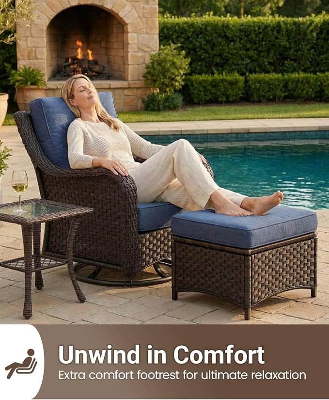 10 Pieces Outdoor Furniture Set with 6-inch Cushions, High Back Wicker Swivel Rocker Chairs with Fire Pit Table, Luxury Conversation Set for Deck Patio and Poolside