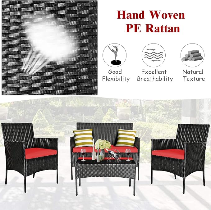 DORTALA Wicker Patio Furniture Set 8 Piece, Rattan Outdoor Table and Chairs Set with Loveseat, Cushions, All Weather Balcony Conversation Sofa Set for Porch, Backyard, Deck, Red