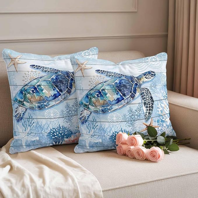 Coastal Turtle Waterproof Outdoor Pillow Covers Set of 2 Home Decor, Blue Nautical Starfish Coral Jellyfish Pillowcase Patio Pillow Covers for Couch Bench Furniture Garden 16x16in