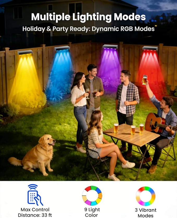 Solar Fence Lights Outdoor Waterproof 8 Pack IP65 Waterproof Fence Solar Lights 3000/5000K/RGB 12 Modes, Solar Powered Wall Lighting Decor for Backyard, Railing, Step, Patio Housewarming Gifts