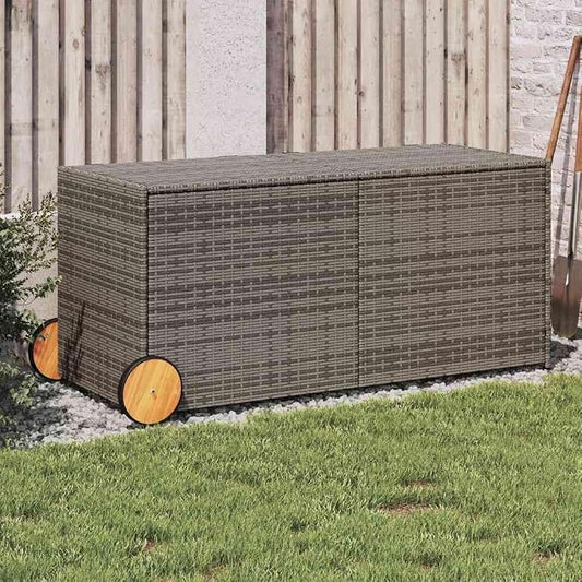 Garden Storage Box with Wheels Gray 74.8 Gal Poly Rattan Patio Deck Yard Bin Container Chest Trunk Weather Resistant Lockable Resin Wicker Plastic Cushion Organizer