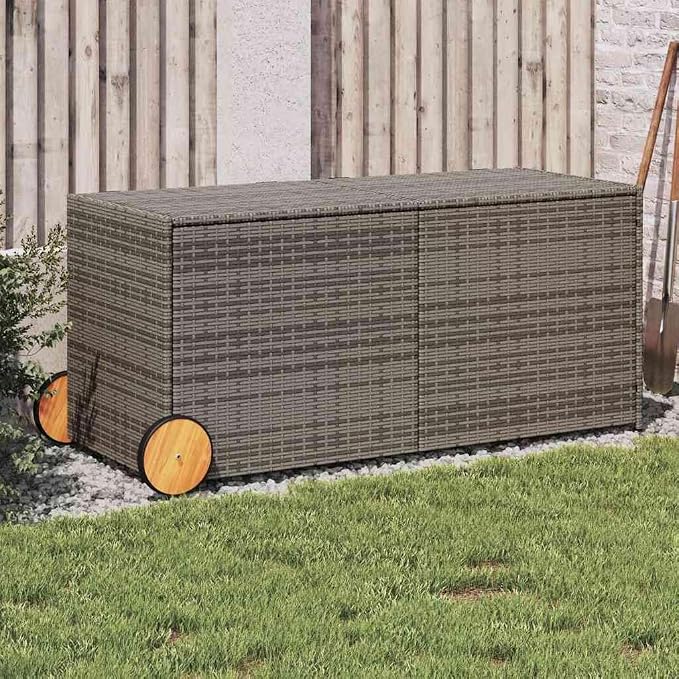 Garden Storage Box with Wheels, 283L PE Rattan Patio Storage Box Grey, Height Adjustable Outdoor for Cushions and Blankets